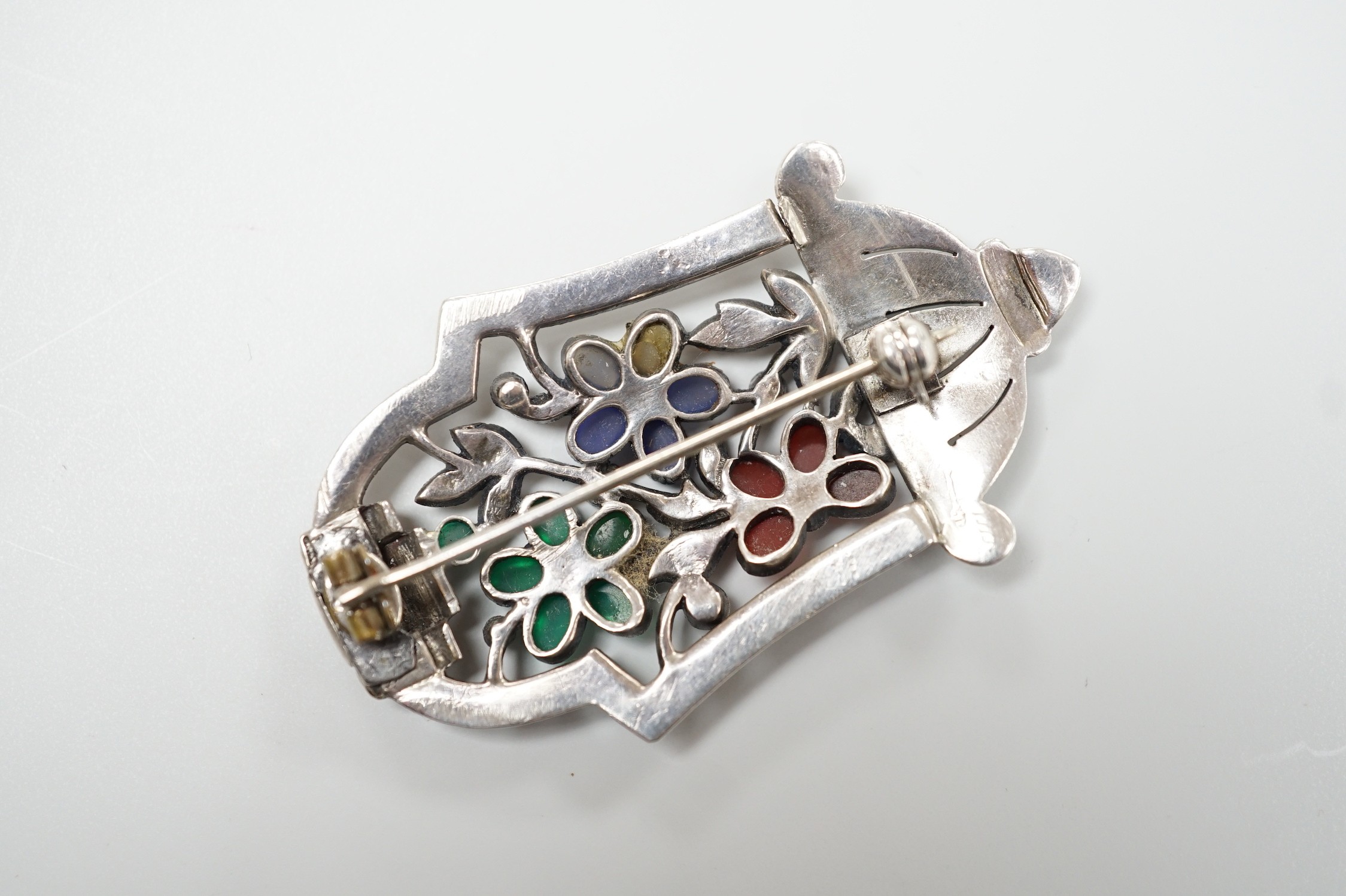 A white metal, marcasite and cabochon stone cluster set brooch, 51mm.